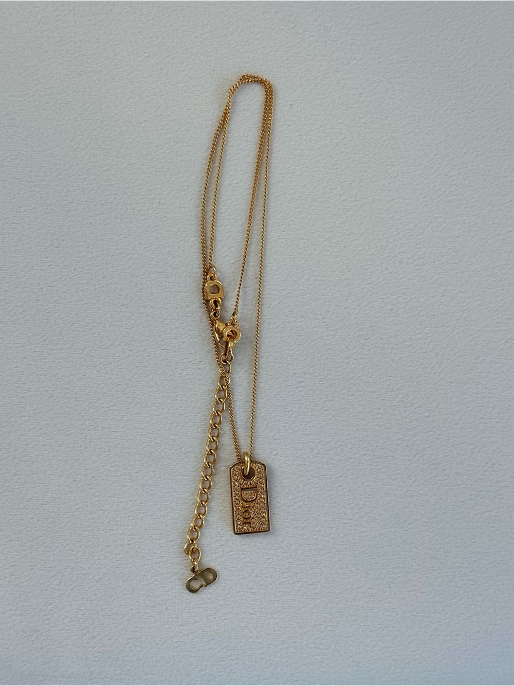 Dior Christian Dog Tag Plate Rhinestone Logo Gold Color GP Necklace Used MARJ-0